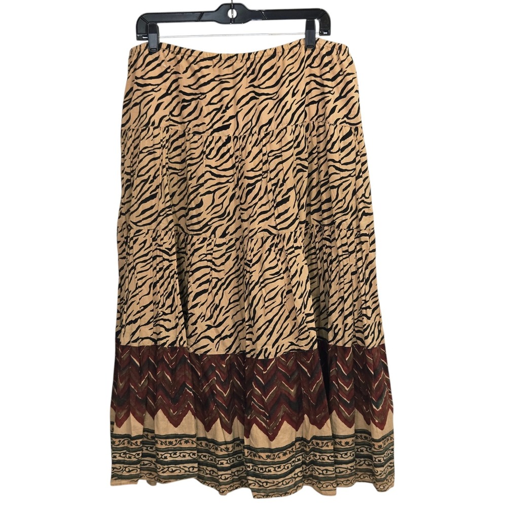 Ralph Lauren Jeans LRL Skirt Large Tan Black Tiger Print Tiered Cotton Maxi Boho